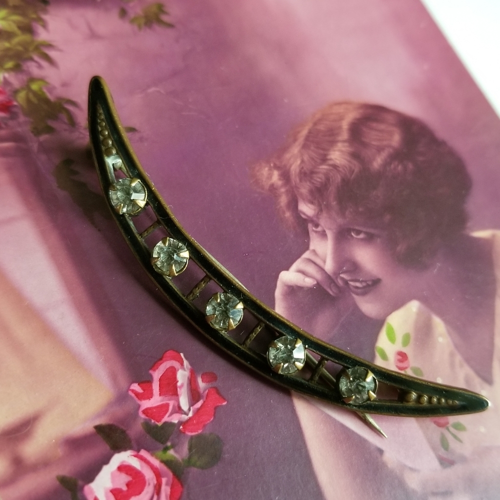 Relisted - Antique crescent moon brooch black enamel pin victorian vintage - Picture 4 of 12